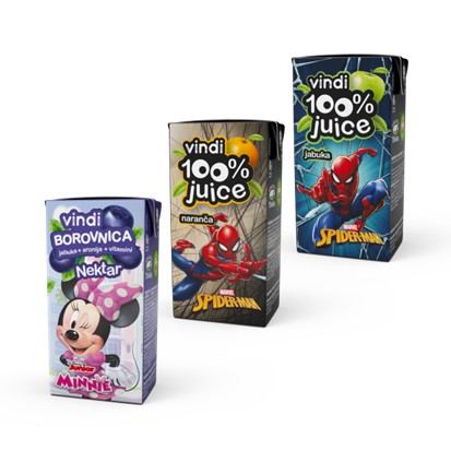 Vindi Disney 100% jabuka, 100% naranča, borovnica + vitamini 200 ml
