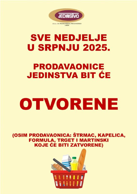OBAVIJEST O RADNIM NEDJELJAMA U SRPNJU 2025.