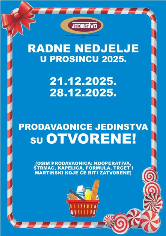 OBAVIJEST O RADNIM NEDJELJAMA U PROSINCU 2025.