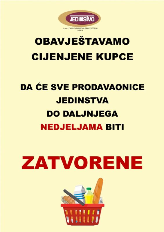 OBAVIJEST O NERADNIM NEDJELJAMA