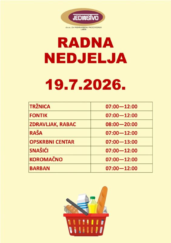 OBAVIJEST O RADNOJ NEDJELJI