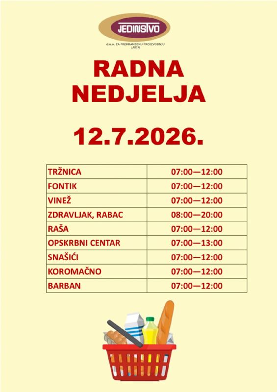 OBAVIJEST O RADNOJ NEDJELJI
