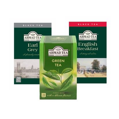 Čajevi Ahmad tea Earl grey, English breakfast, zeleni 40 g