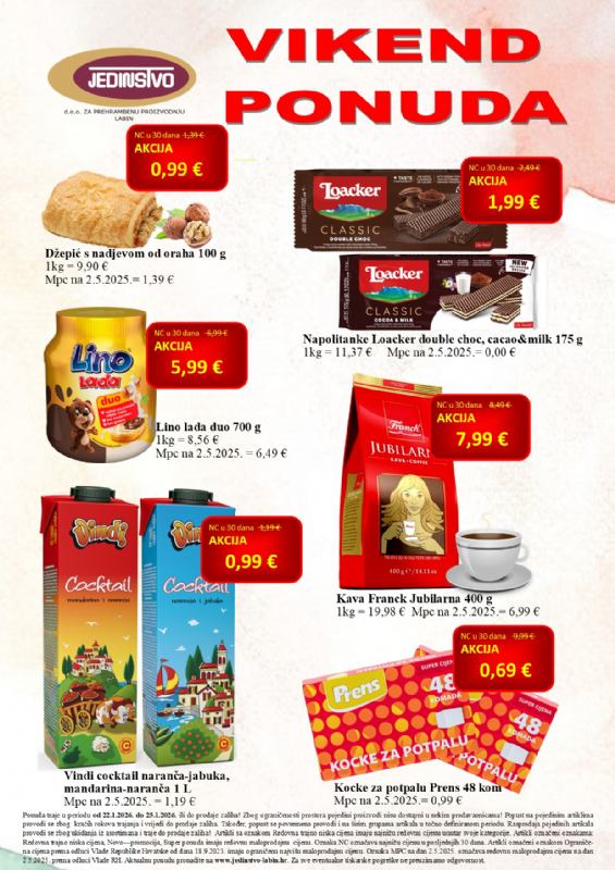 Vikend ponuda u prodavaonicama Jedinstva od 22.1. do 25.1.2026.