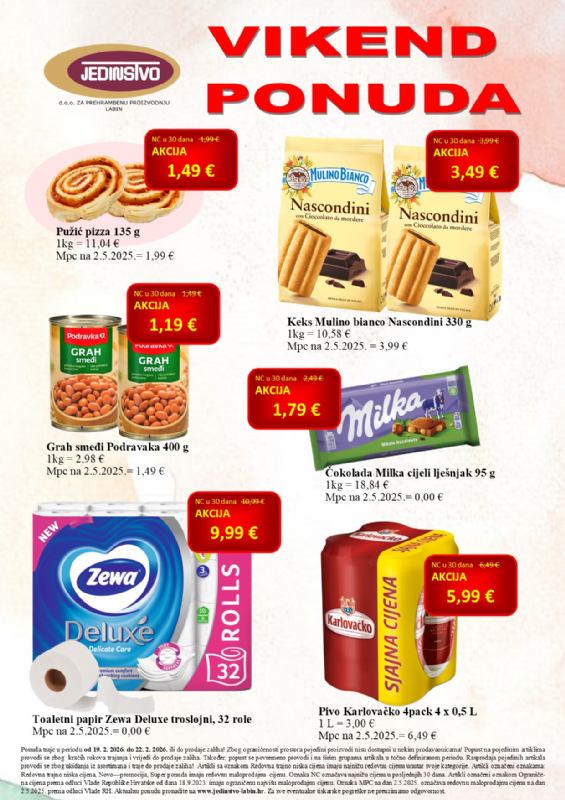 Vikend ponuda u prodavaonicama Jedinstva od 19.2. do 22.2.2026.