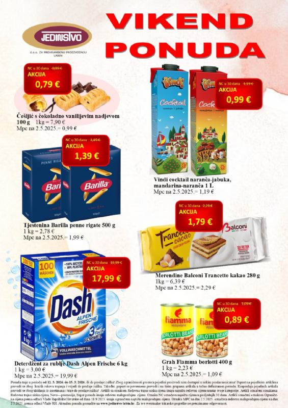 Vikend ponuda u prodavaonicama Jedinstva od 12.3. do 15.3.2026.
