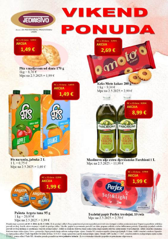 Vikend ponuda u prodavaonicama Jedinstva od 19.3. do 22.3.2026.