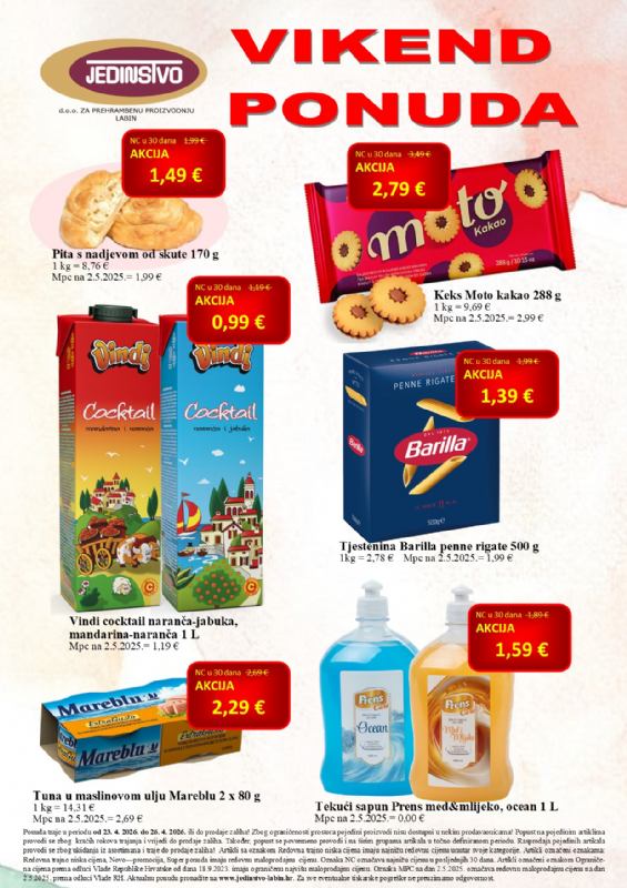 Vikend ponuda u prodavaonicama Jedinstva od 23.4. do 26.4.2026.