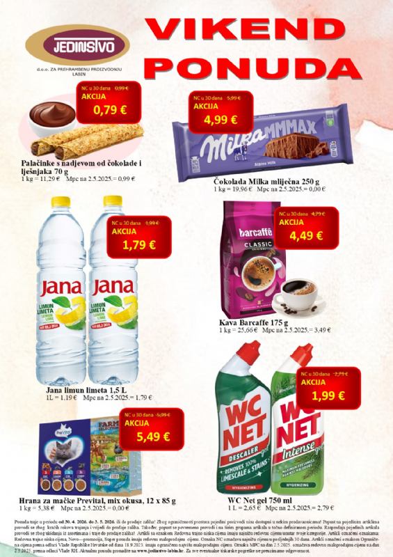 Vikend ponuda u prodavaonicama Jedinstva od 30.4. do 3.5.2026.