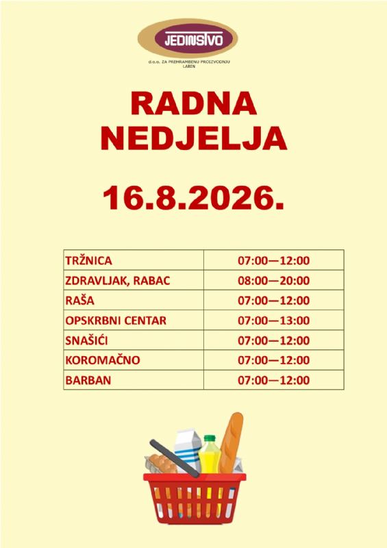 OBAVIJEST O RADNOJ NEDJELJI