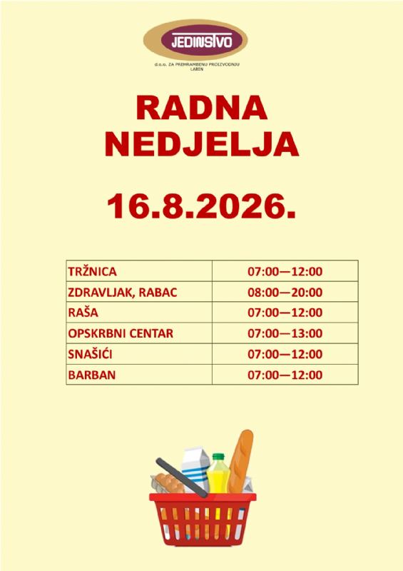 OBAVIJEST O RADNOJ NEDJELJI