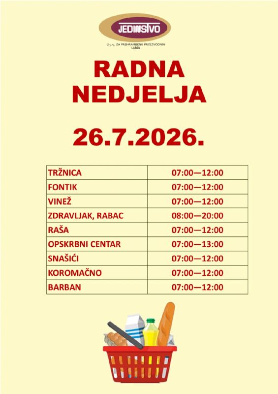 OBAVIJEST O RADNOJ NEDJELJI