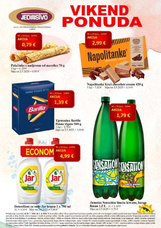 Vikend ponuda u prodavaonicama Jedinstva od 30.7. do 22.8.2026.