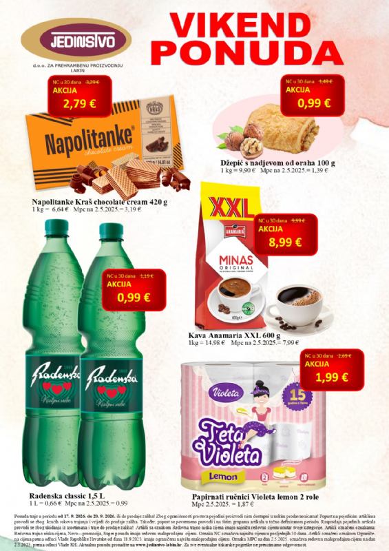 Vikend ponuda u prodavaonicama Jedinstva od 17. 9. do 20. 9. 2026.
