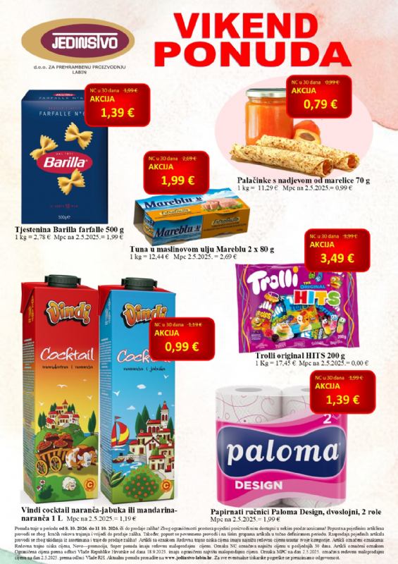 Vikend ponuda u prodavaonicama Jedinstva od 8. 10. do 11. 10. 2026.