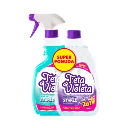 Sredstvo za stakla Teta Violeta 750 ml+ refil 750 ml